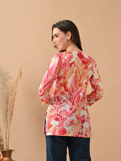 Pink Color Cambric Cotton Fabric Designer Printed Formal Short Kurta