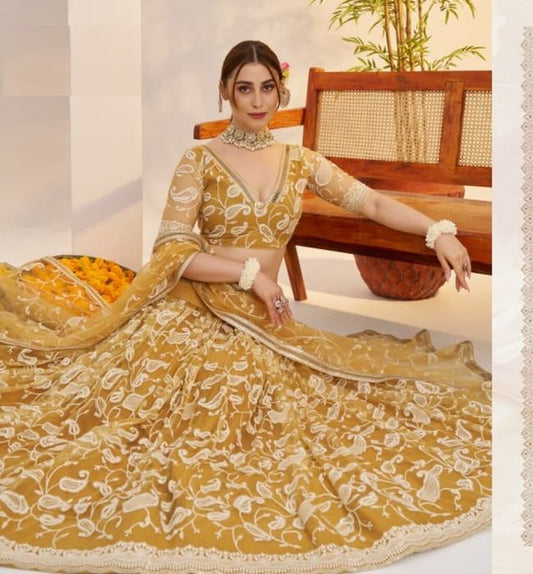 Mustard Yellow Heavy Embroidery Net Semi Stitch A Line Lehenga With Blouse