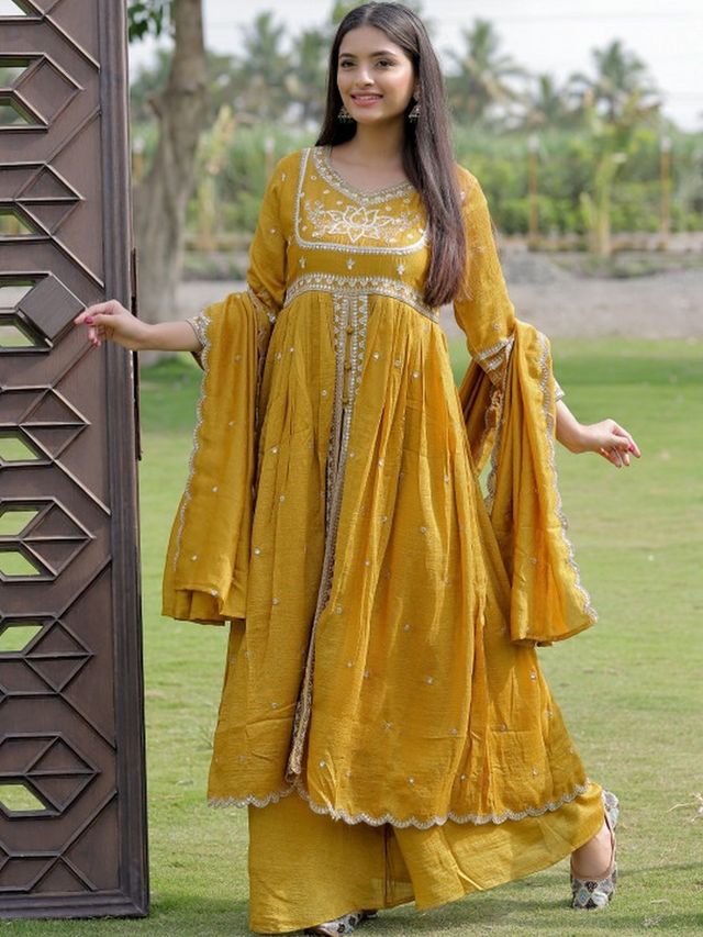 Mustard Color Viscose Silk Fabric Designer Embroidery Work Graceful Partywear Suit