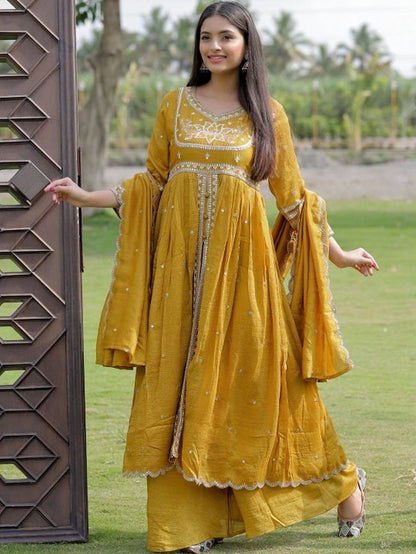 Mustard Color Viscose Silk Fabric Designer Embroidery Work Graceful Partywear Suit