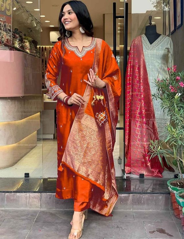 Rust Color Designer Embroidered Ethnic Partywear Suit