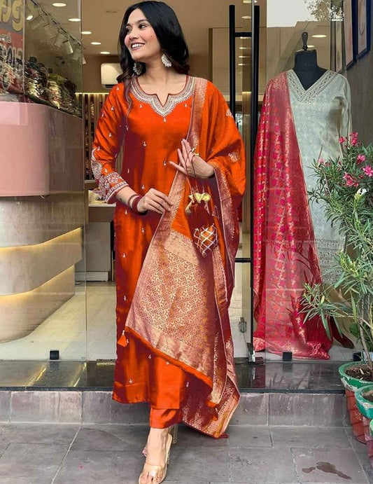 Rust Color Designer Embroidered Ethnic Partywear Suit