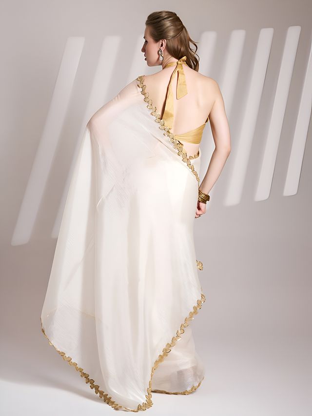 White Color Jimmy Choo Fabric Saree With Sequance Codding Lace Border Ethnic Girlie Saree