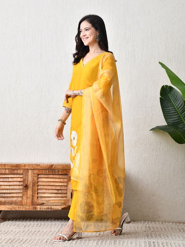 Yellow Color Roman Silk Fabric Designer Partywear Readymade Suit