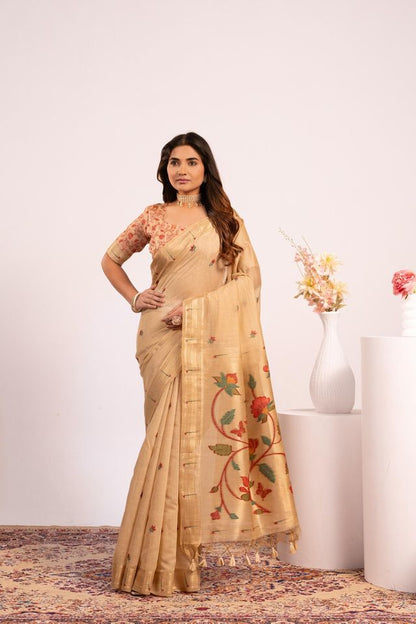 Chiku Color Muga Cotton Fabric Paithani Weaving Designer Partywear Saree