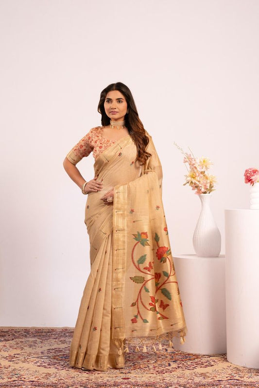Chiku Color Muga Cotton Fabric Paithani Weaving Designer Partywear Saree