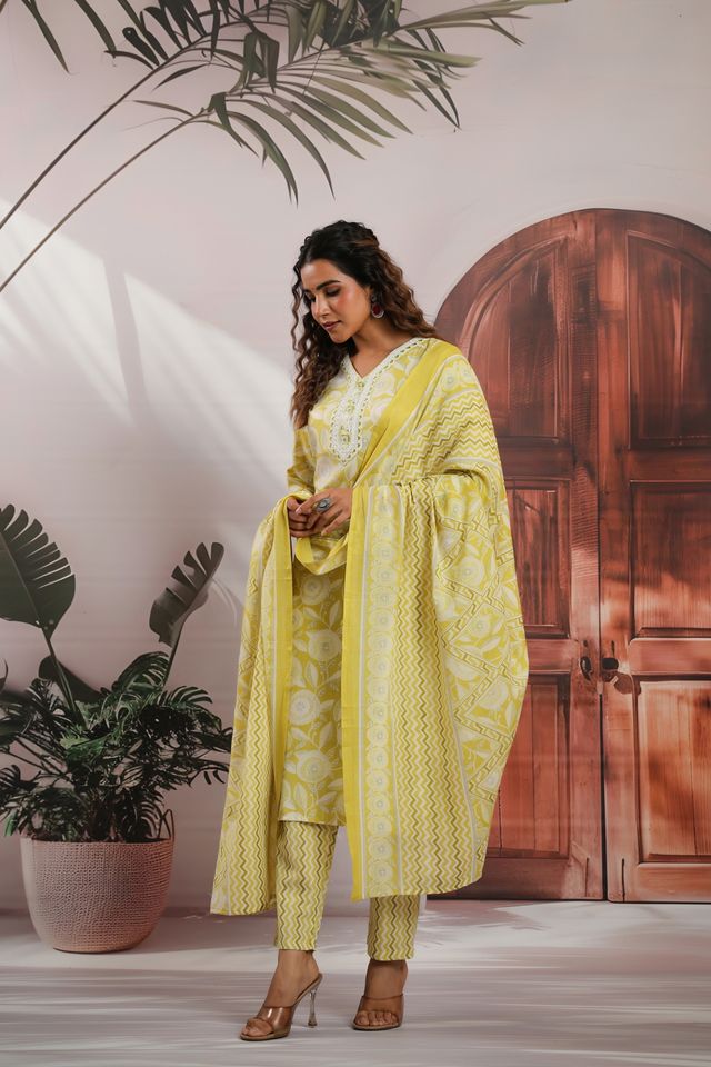 Lemon Color Cotton Fabric Stylish And Trendy Kurta Set For Ethnic Girls