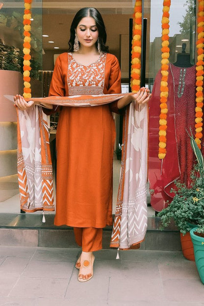 Rust Color Cotton Fabric Designer Partywear Salwar Kameez