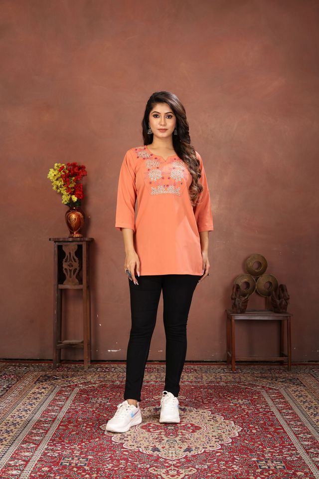 Peach Color Rinkal Cotton Fabric Formal Looking Casual Short Kurta