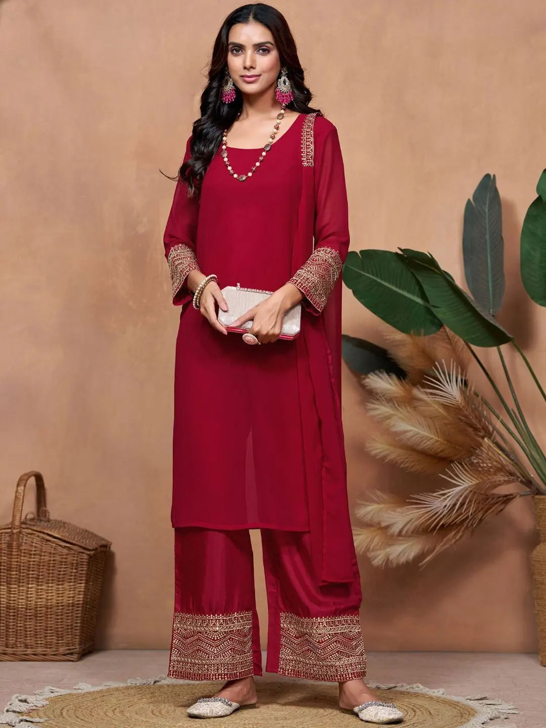 Women's Beautiful Georgette Fabric Embroidery Work Straight Kurta Palazzo and Dupatta Set