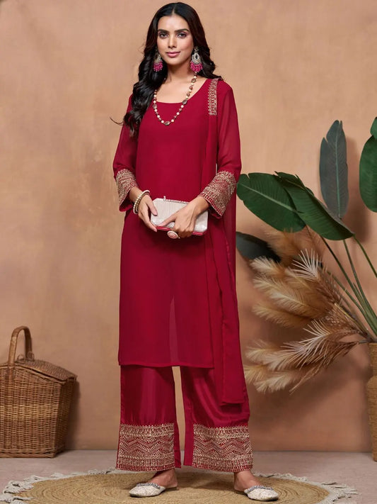 Women's Beautiful Georgette Fabric Embroidery Work Straight Kurta Palazzo and Dupatta Set