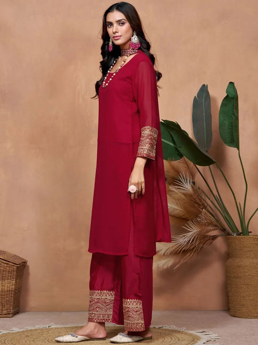 Women's Beautiful Georgette Fabric Embroidery Work Straight Kurta Palazzo and Dupatta Set