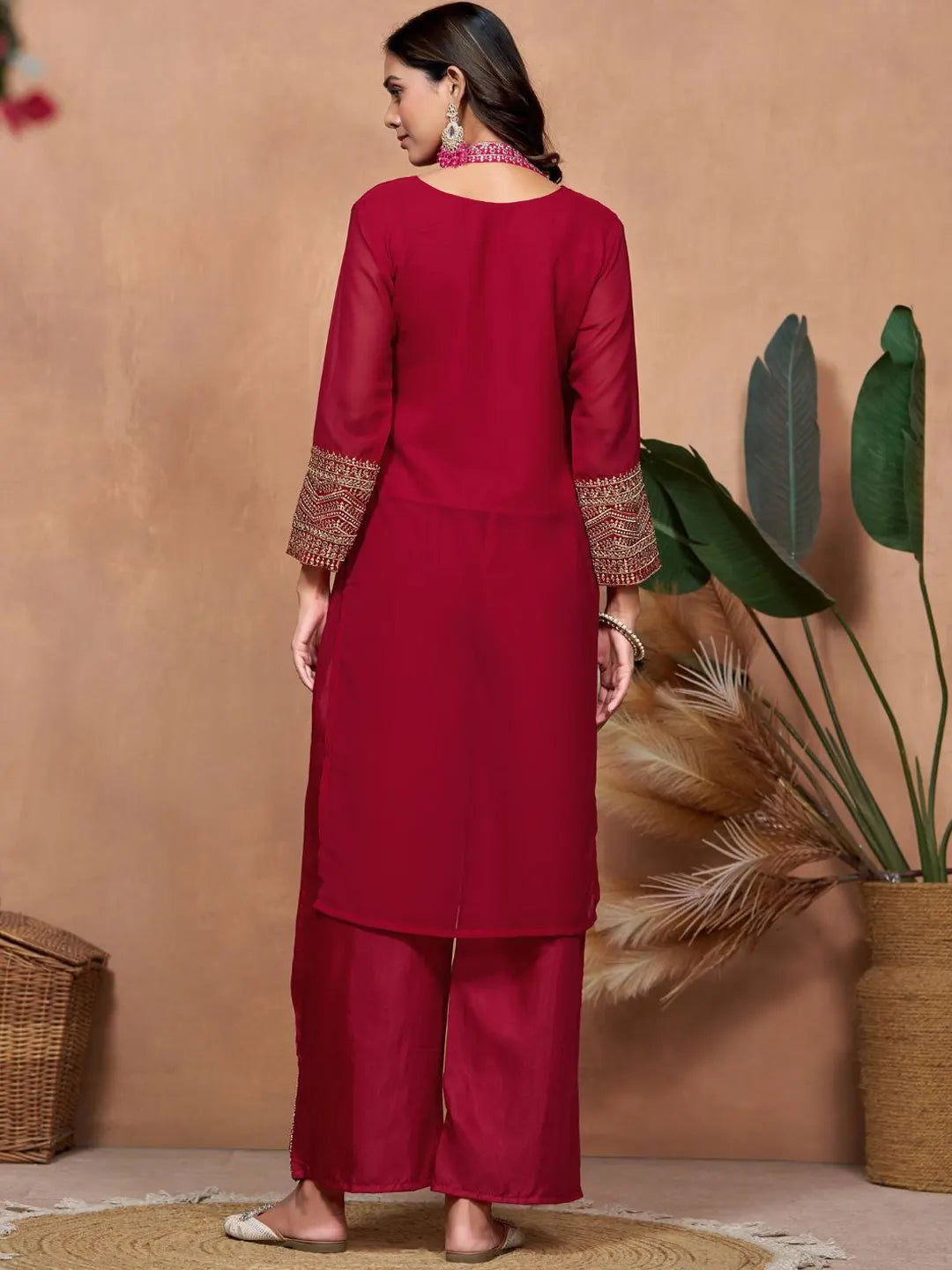 Women's Beautiful Georgette Fabric Embroidery Work Straight Kurta Palazzo and Dupatta Set
