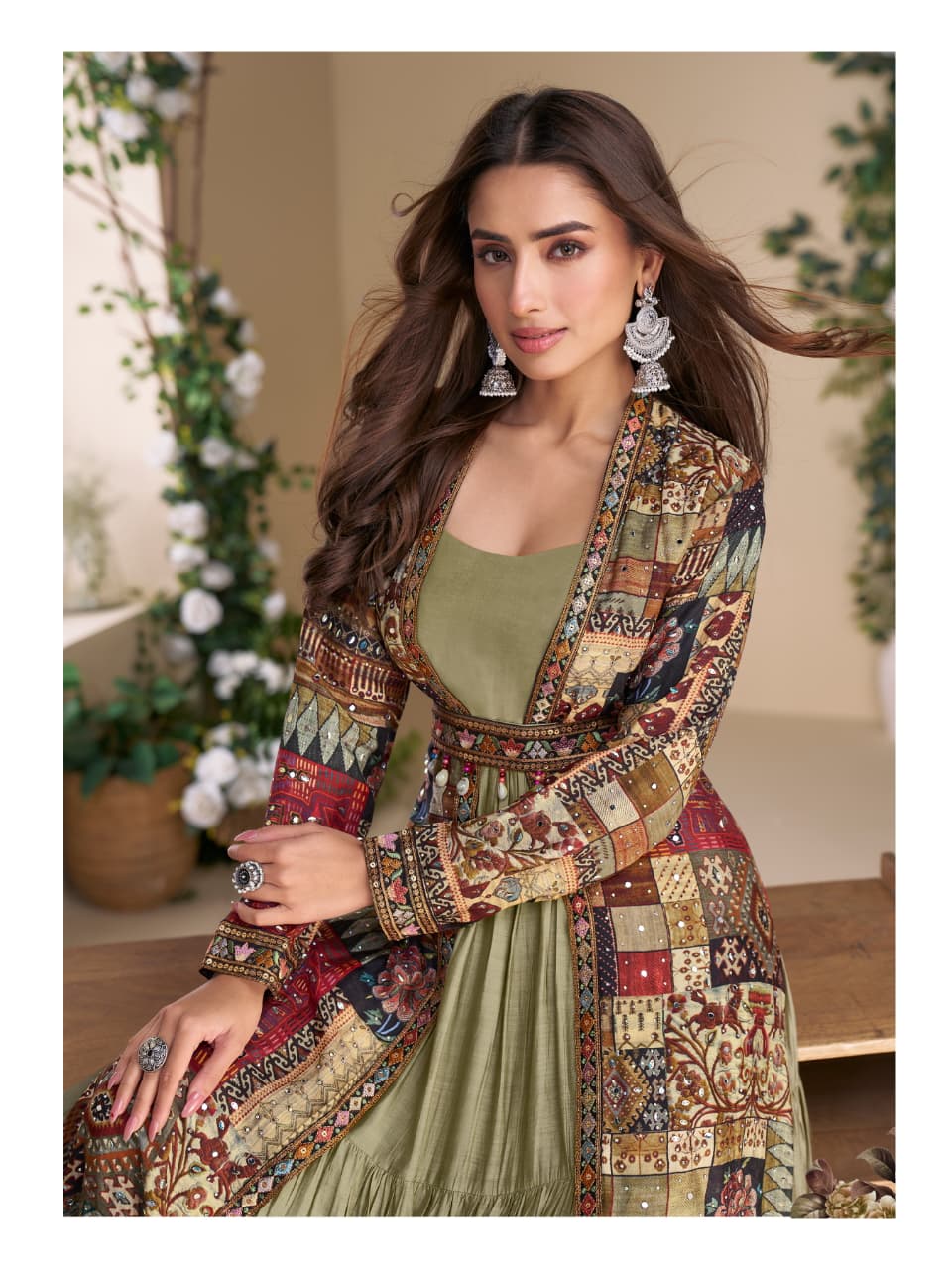 Heavy Georgette  Long Top With Silk Shrug Free Size