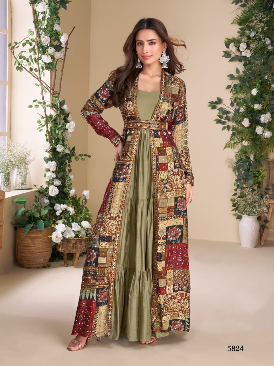 Heavy Georgette  Long Top With Silk Shrug Free Size