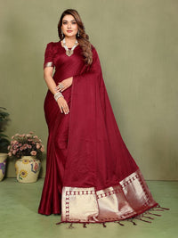 Maroon Color Satin Silk Fabric Ethnic Woven Lagdi Pallu Designer Saree