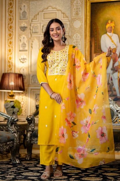 Yellow Color Viscose Rayon Fabric Ceremonial Readymade Kurta Set with Dupatta