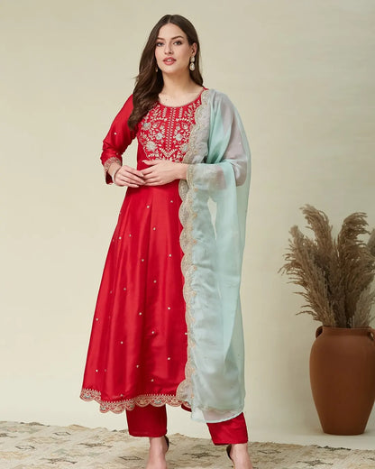 Women's Beautiful Vichitra Fabric Embroidery Work Flared Anarkali Pant and Dupatta Set