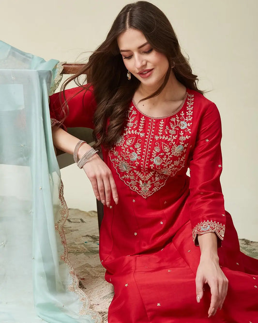 Women's Beautiful Vichitra Fabric Embroidery Work Flared Anarkali Pant and Dupatta Set