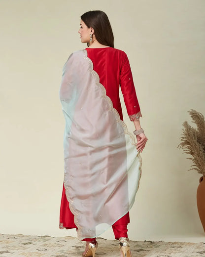 Women's Beautiful Vichitra Fabric Embroidery Work Flared Anarkali Pant and Dupatta Set