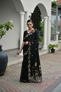 Black Color Jute Linen Silk Fabric Beautiful Graceful Saree
