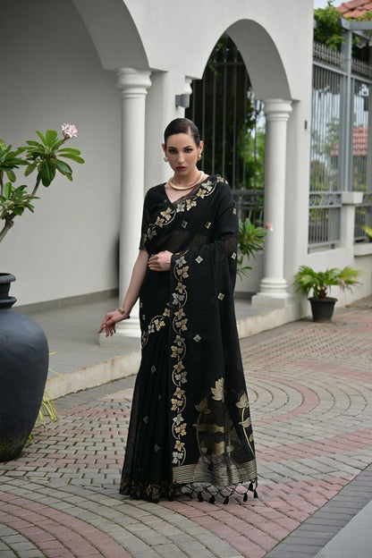 Black Color Jute Linen Silk Fabric Beautiful Graceful Saree