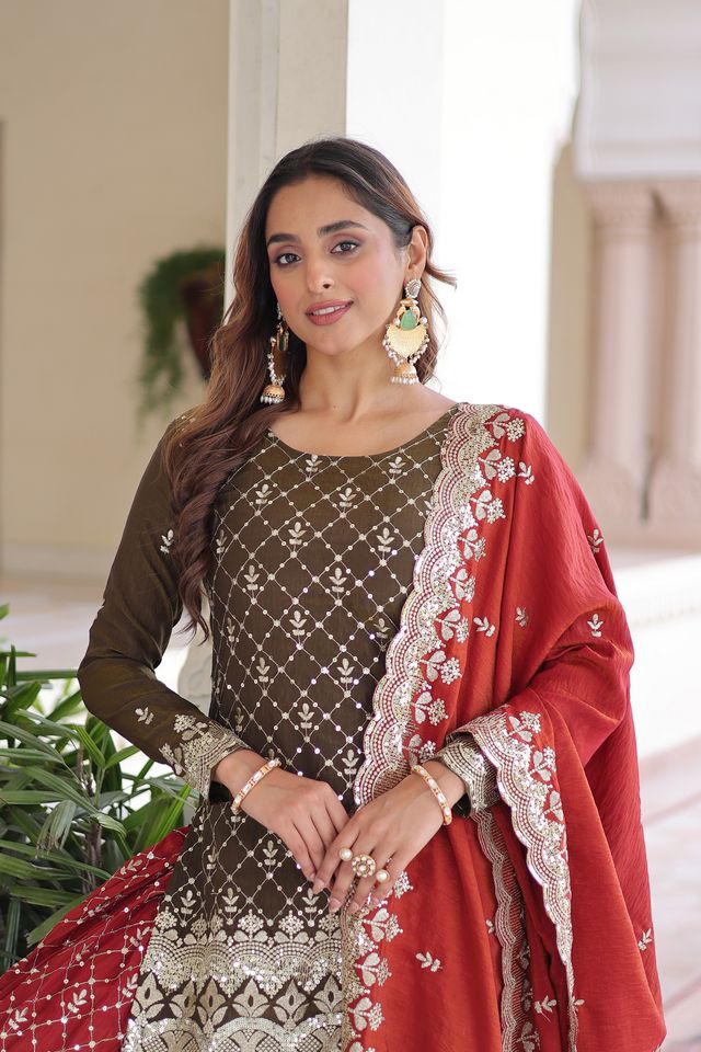 Brown Color Vichitra Silk Fabric Classy Sequins Embroidered Partywear Readymade Suit With Dupatta