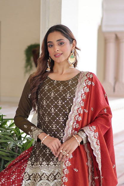 Brown Color Vichitra Silk Fabric Classy Sequins Embroidered Partywear Readymade Suit With Dupatta