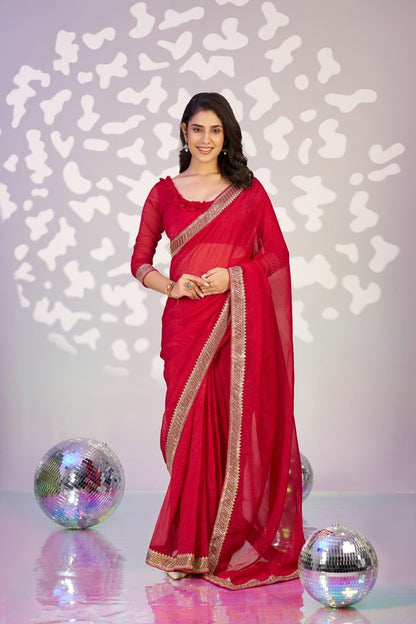 Red Color Crunchy Fabric Embroidery Work Ready To Wear Saree