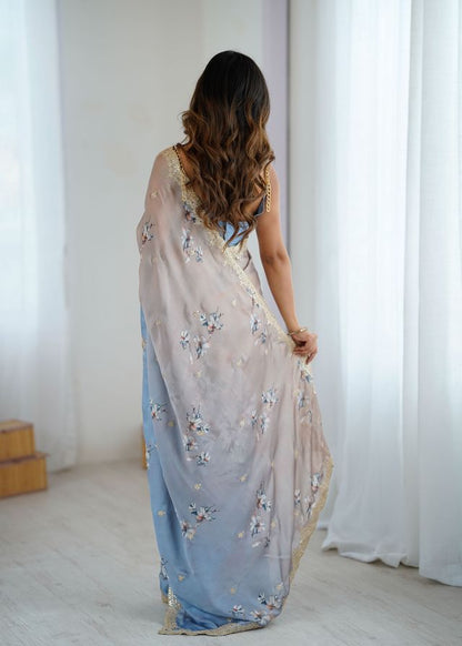 Chiku-Grey Color Beautiful Satin Chiffon Fabric Beautiful Stylish Saree