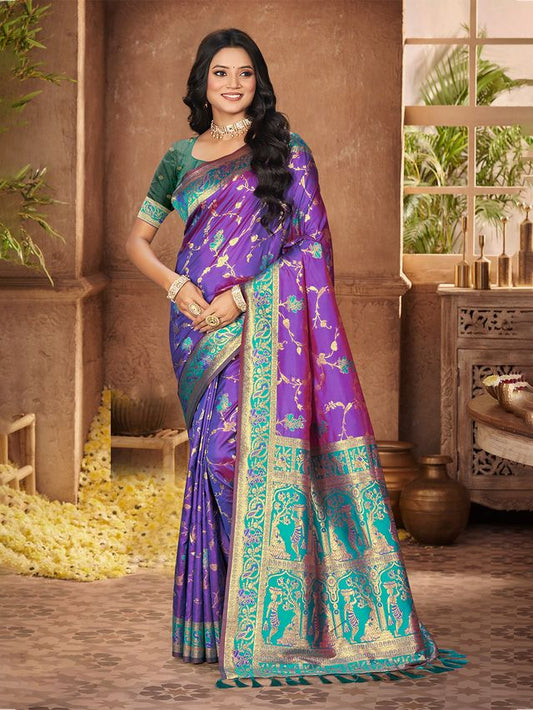 Purple Color Silk Fabric Woven Designer Ethnic Partywear Saree