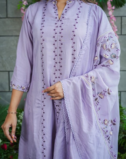 Lavender Color Muslin Cotton Fabric Ceremonial Readymade Kurta Set with Dupatta