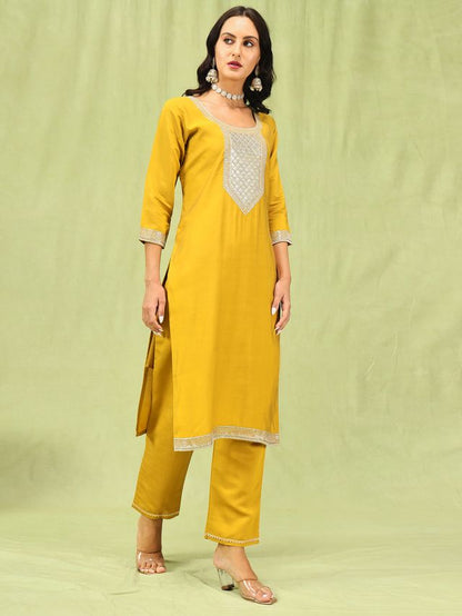 Yellow Color Viscose Roman Silk Fabric Designer Embroidery Work Sophisticated Girlie Salwar Kameez