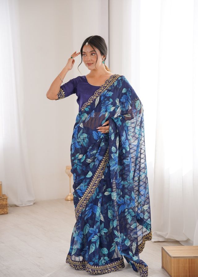 Blue Color Marble Patta Fabric Stylish Festive Special Saree