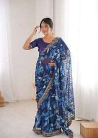 Blue Color Marble Patta Fabric Stylish Festive Special Saree