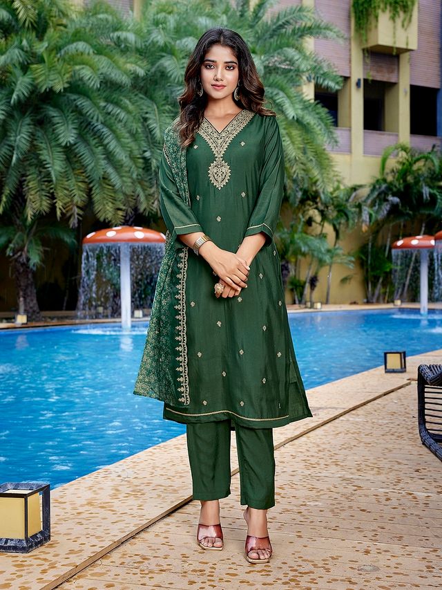 Bottle Green Color Stylish Partywear Readymade Ethnic Suit