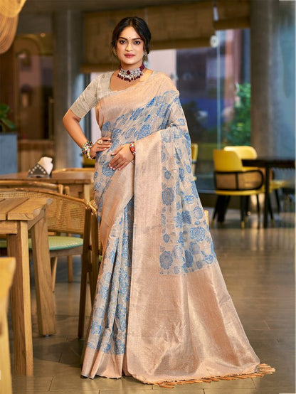 Sky Blue Color Cotton Silk Fabric Woven Designer Ceremonial Saree