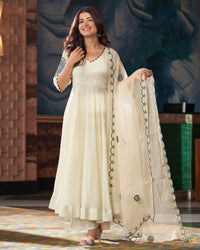 Women's Gorgeous Embroidery Vichitra Silk Fabric Flared Kurta Pant with Dupatta Set