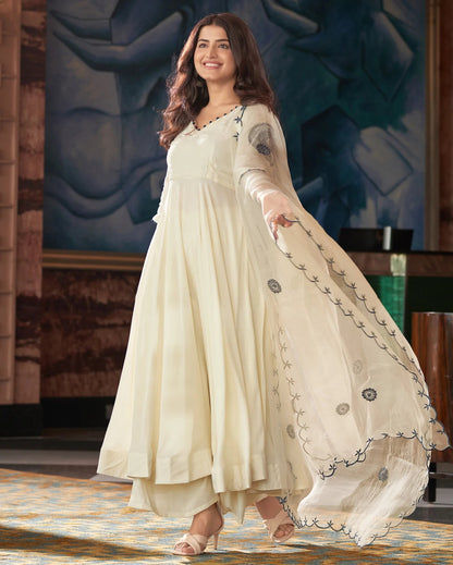 Women's Gorgeous Embroidery Vichitra Silk Fabric Flared Kurta Pant with Dupatta Set