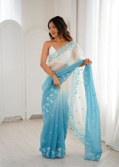 Sky Blue Color Crunchy Fabric Beautiful Sequins Work Bollywood Style Ceremonial Saree