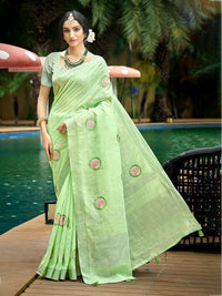 Green Color Linen Fabric Woven Designer Saree With Floral Embroidered Work