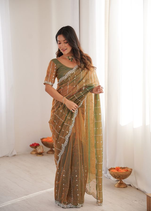 Gold Color Twill Net Fabric Ethnic And Girlie Ceremonial Saree For Girls