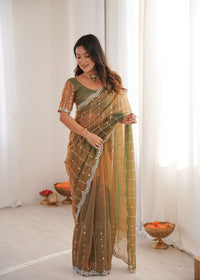 Gold Color Twill Net Fabric Ethnic And Girlie Ceremonial Saree For Girls
