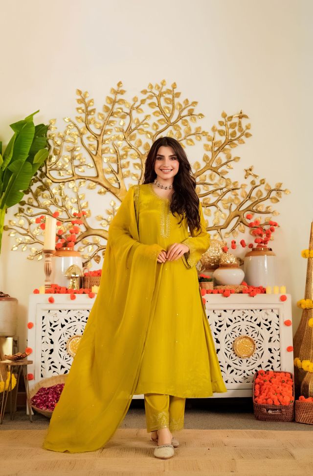 Mustard Color Beautiful Viscose Satin Fabric Designer Ceremonial Readymade Suit