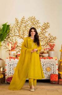 Mustard Color Beautiful Viscose Satin Fabric Designer Ceremonial Readymade Suit