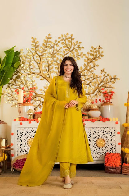 Mustard Color Beautiful Viscose Satin Fabric Designer Ceremonial Readymade Suit