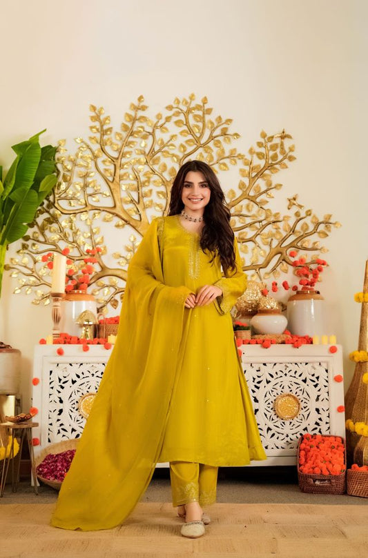 Mustard Color Beautiful Viscose Satin Fabric Designer Ceremonial Readymade Suit