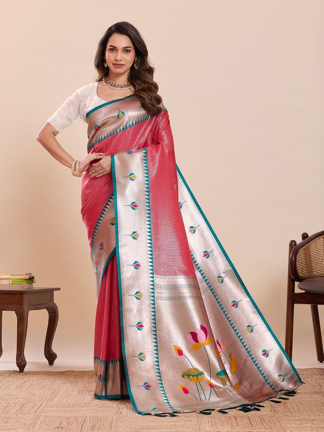 Red Color Soft Silk Fabric Woven Jari Designer Partywear Saree