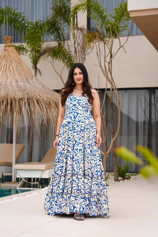Blue Color Cambric Cotton Fabric Designer Partywear Gown For Trendy Girlie Looks
