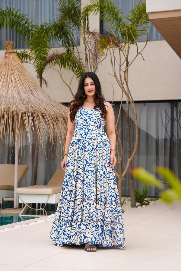 Blue Color Cambric Cotton Fabric Designer Partywear Gown For Trendy Girlie Looks